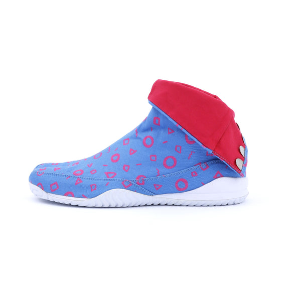 Left side of blue Tabi Shoes " ◯△▢ (MARU SANKAKU SHIKAKU) "