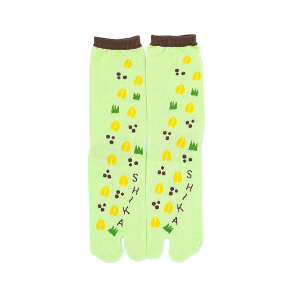 Front view of long green Tabi Socks " Shika-no Ashiato "