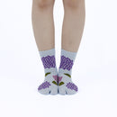 Person wearing long blue Tabi Socks " Ajisai ", front view