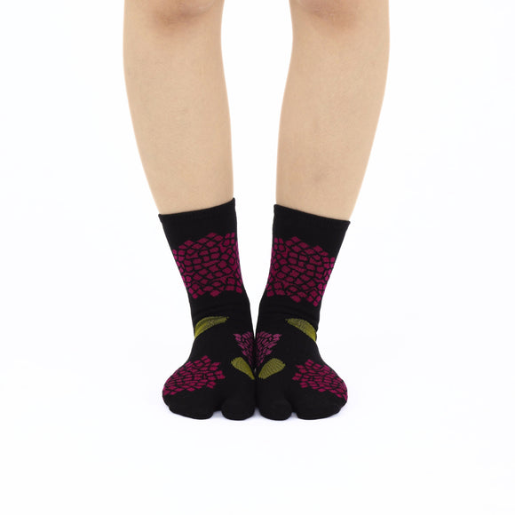 Person wearing long black Tabi Socks " Ajisai ", front view