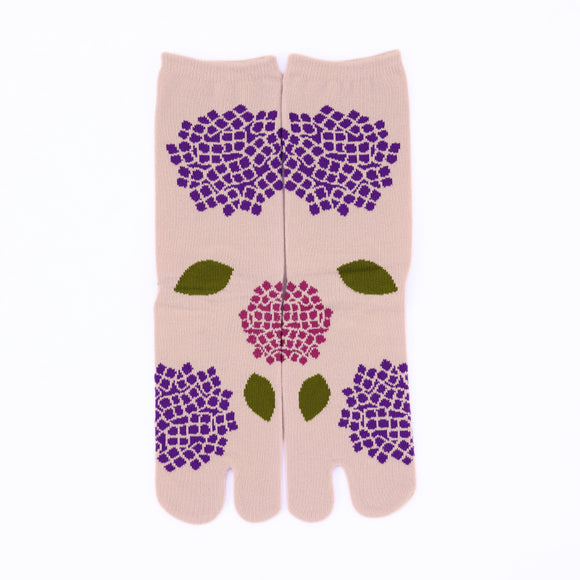 Front view of long pink Tabi Socks " Ajisai "