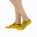 Person wearing short yellow Tabi Socks " Sankuzushi ", right side view