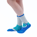 Person wearing long blue Tabi Socks " Enoshim ", right side view