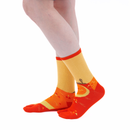Person wearing long orange Tabi Socks " Enoshim ", right side view