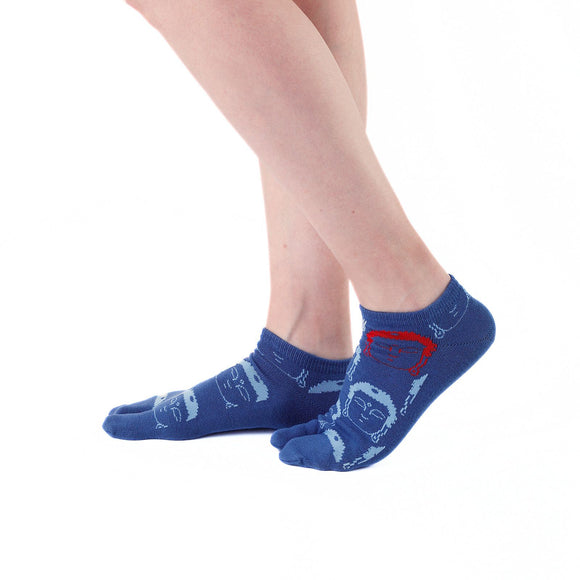 Person wearing short blue Tabi Socks " Kamakura Daibutsu ", right side view