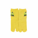 Front view of long yellow Tabi Socks " Pixel Densha "– children's size