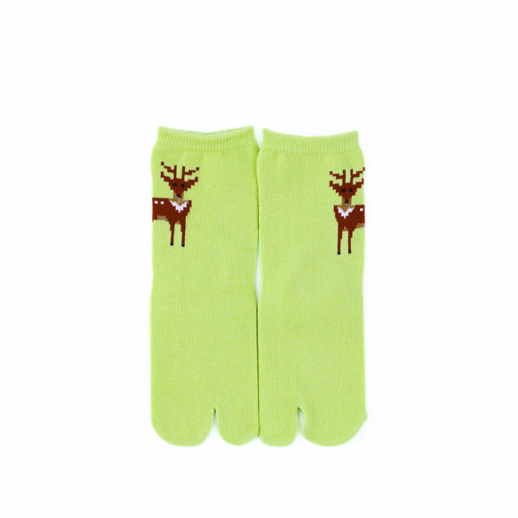 Front view of long green Tabi Socks " Pixel Shika "– children's size