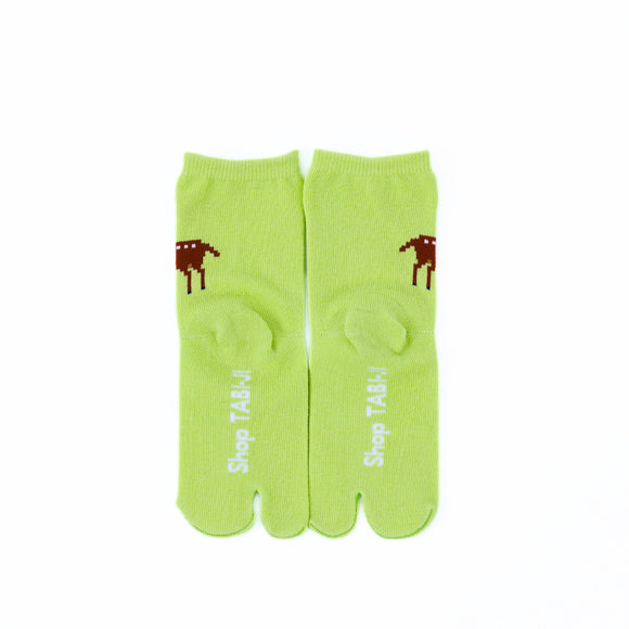 Back view of long green Tabi Socks " Pixel Shika "– children's size