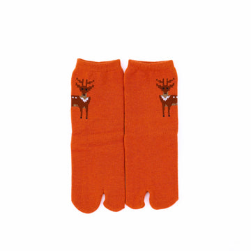 Front view of long orange Tabi Socks " Pixel Shika "– children's size