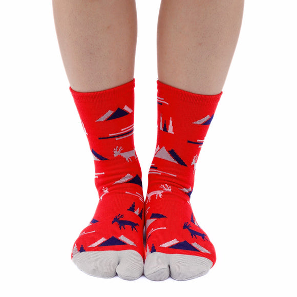 Person wearing long red Tabi Socks " Mikasayama ", front view