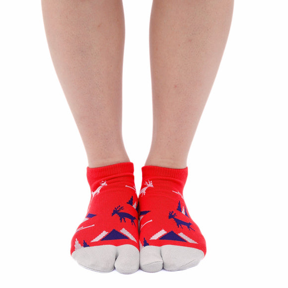 Person wearing short red Tabi Socks " Mikasayama ", front view