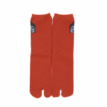 Front view of long orange Tabi Socks " Pixel Daibutsu "
