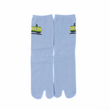 Front view of long blue Tabi Socks " Pixel Densha "