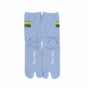 Back view of long blue Tabi Socks " Pixel Densha "