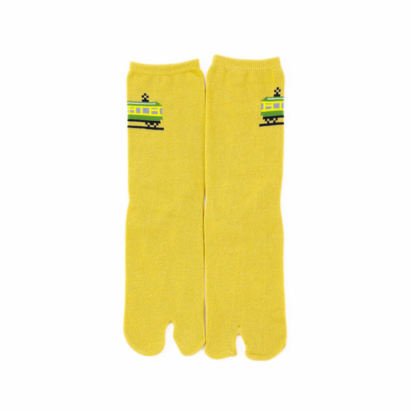 Front view of long yellow Tabi Socks " Pixel Densha "
