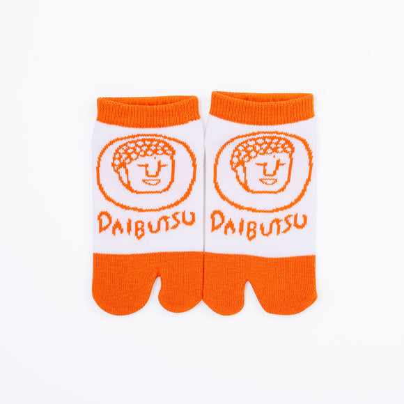 Front view of short orange Tabi Socks " Daibutsu Sensei "– children's size
