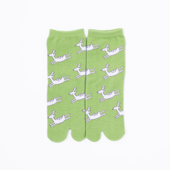 Front view of long green Tabi Socks " Shika Origami "– children's size