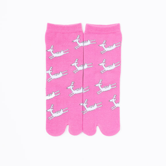 Front view of long pink Tabi Socks " Shika Origami "– children's size