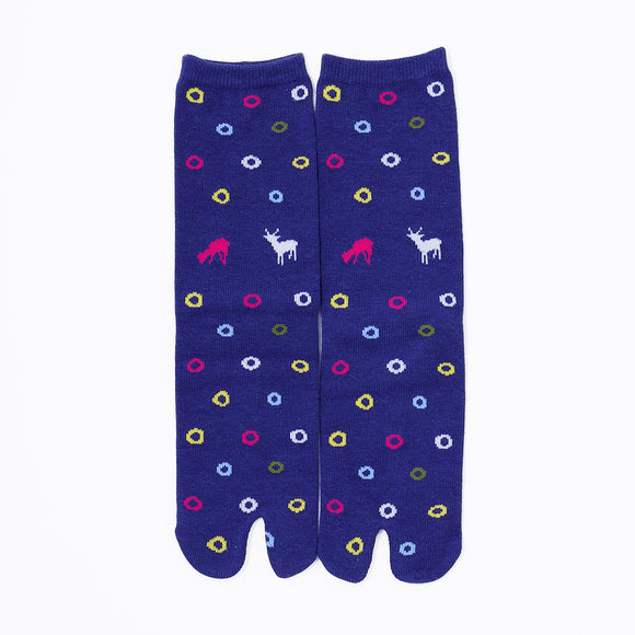 Front view of long blue Tabi Socks " Shika & Wa "
