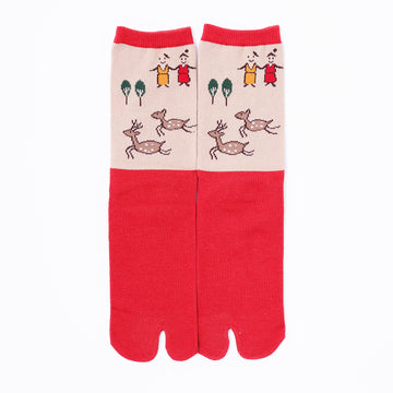 Front view of long red Tabi Socks " Nara-e "