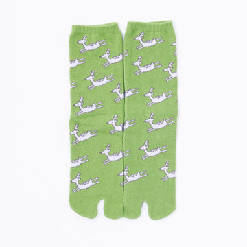 Front view of long green Tabi Socks " Shika Hashiru "