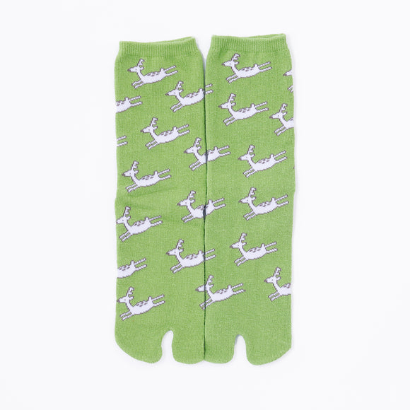 Front view of long green Tabi Socks " Shika Hashiru "