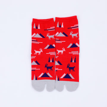 Front view of long red Tabi Socks " Mikasayama "– children's size