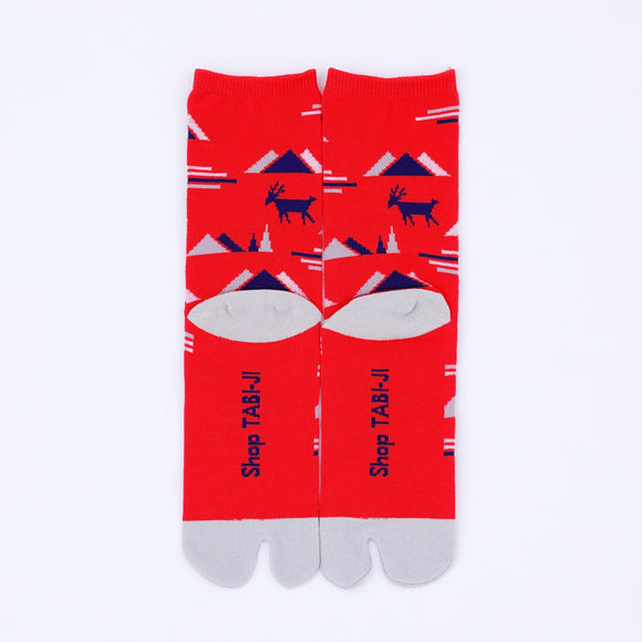 Back view of long red Tabi Socks " Mikasayama "
