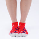 Person wearing short red Tabi Socks " Mikasayama ", front view