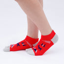 Person wearing short red Tabi Socks " Mikasayama ", right side view
