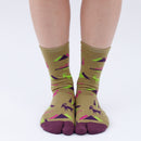 Person wearing long khaki Tabi Socks " Mikasayama ", front view
