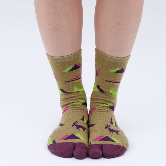 Person wearing long khaki Tabi Socks " Mikasayama ", front view