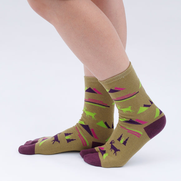 Person wearing long khaki Tabi Socks " Mikasayama ", right side view