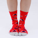 Person wearing long red Tabi Socks " Mikasayama ", front view