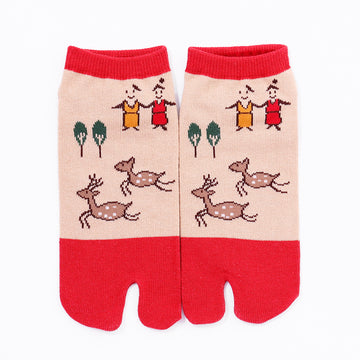 Front view of short red Tabi Socks " Nara-e "