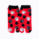 Front view of short red Tabi Socks " Maneki Neko "