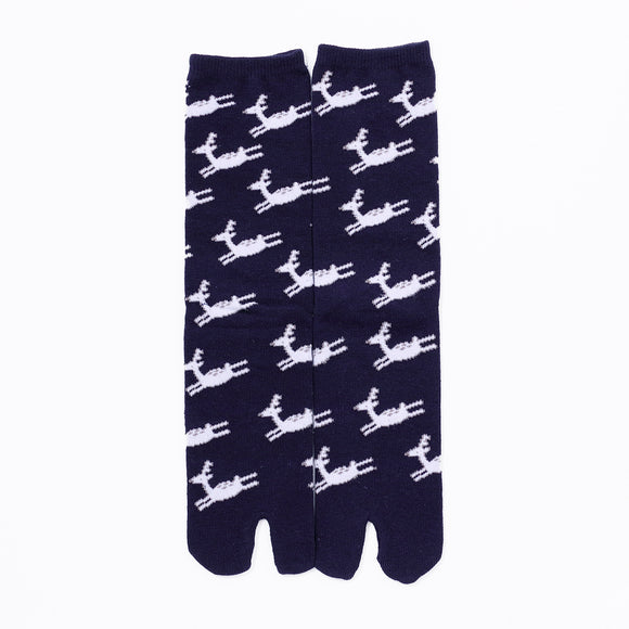 Front view of long navy Tabi Socks " Shika Hashiru "