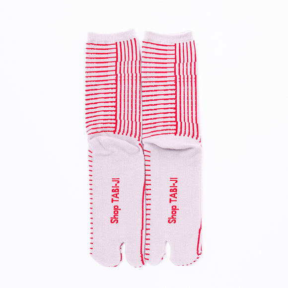 Back view of long red Tabi Socks " Hyoshigi "