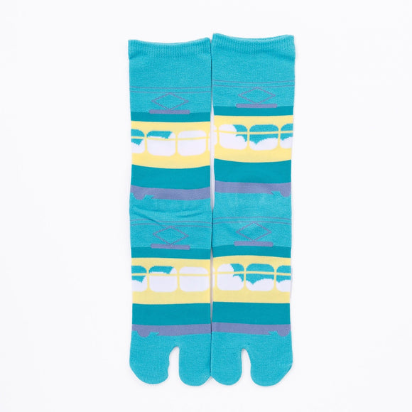 Front view of long green Tabi Socks " Densha "