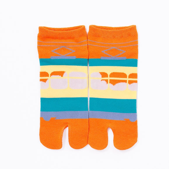 Front view of short orange Tabi Socks " Densha "
