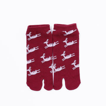 Front view of short red Tabi Socks " Shika Hashiru "