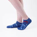 Person wearing short blue Tabi Socks " Kamakura Daibutsu ", right side view