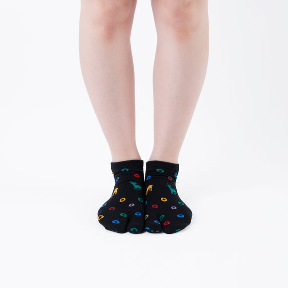 Person wearing short black Tabi Socks " Shika & Wa ", front view