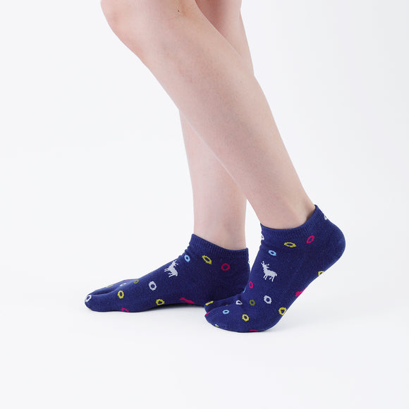 Person wearing short blue Tabi Socks " Shika & Wa ", right side view