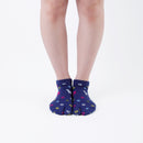 Person wearing short blue Tabi Socks " Shika & Wa ", front view