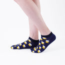 Person wearing short navy Tabi Socks " Beer ", front view