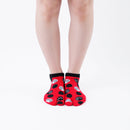 Person wearing short red Tabi Socks " Maneki Neko ", front view
