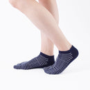 Person wearing short navy Tabi Socks " Hyoshigi ", right side view