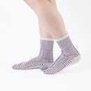 Person wearing long purple Tabi Socks " Hyoshigi ", right side view