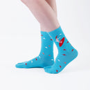 Person wearing long light blue Tabi Socks " Surfer ", right side view